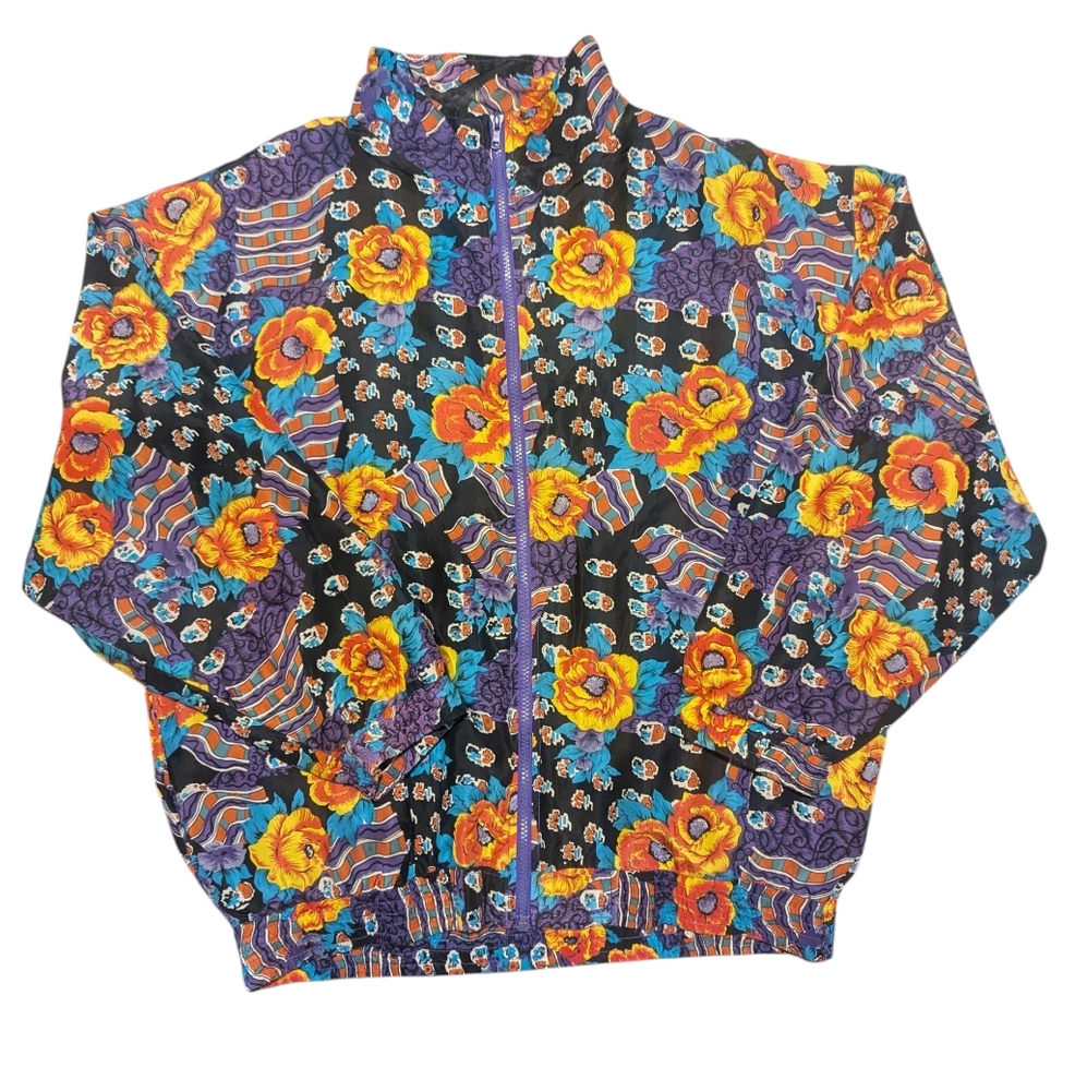 VTG 1990's South Harbor Silk Windbreaker Floral HawaiianTropical Retro Zip Up XL